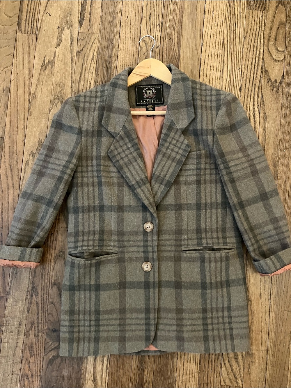 Express Women's Gray Plaid Blazer with Pink Lining